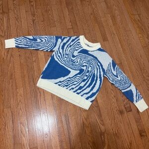 Fashion Nova Blue and Cream Abstract Crewneck Sweater
